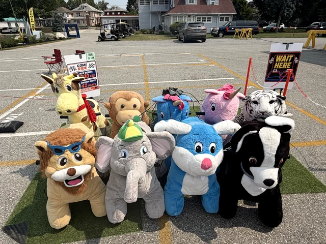 Nine plush animal scooters lined up on turf, including a giraffe, monkey, elephant, lion and tiger
