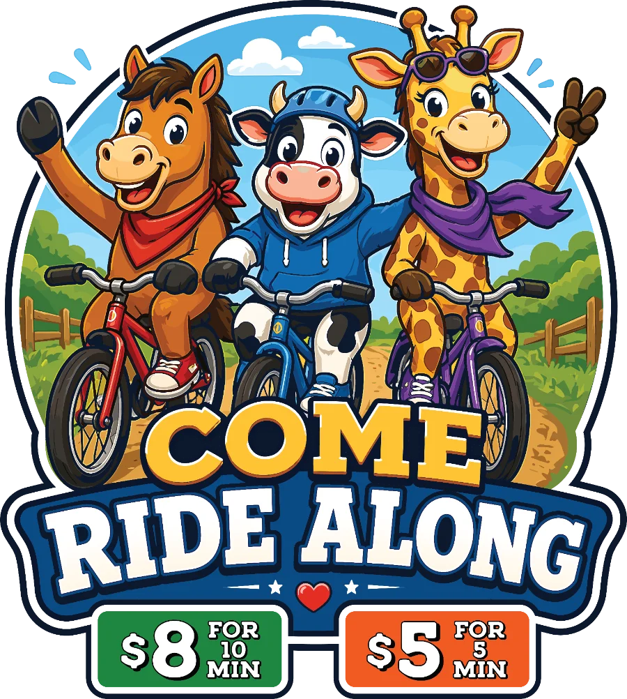 Come Ride Along badge logo with price tags reading $8 for 10 minutes and $5 for 5 minutes